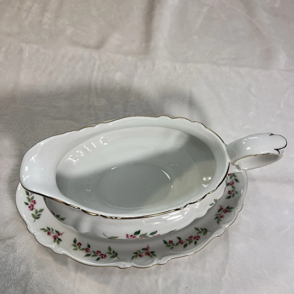 VTG Crown Bavaria Juliette Pink Roses Gravy Boat W/Attached Underplate Gold Trim